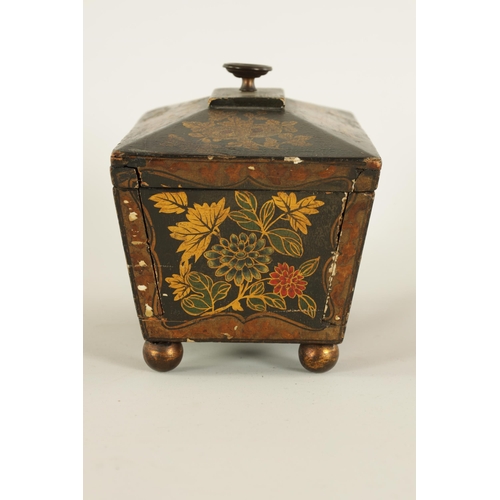 468 - A LATE GEORGIAN CHINOISERIE DECORATED BLACK LACQUER SARCOPHAGUS TEA CADDY the chamfered hinged lid w... 