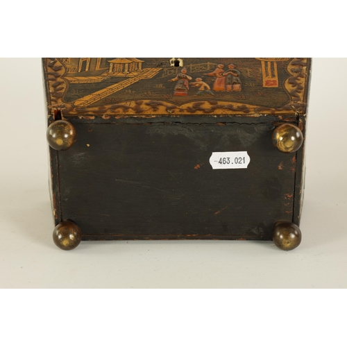 468 - A LATE GEORGIAN CHINOISERIE DECORATED BLACK LACQUER SARCOPHAGUS TEA CADDY the chamfered hinged lid w... 