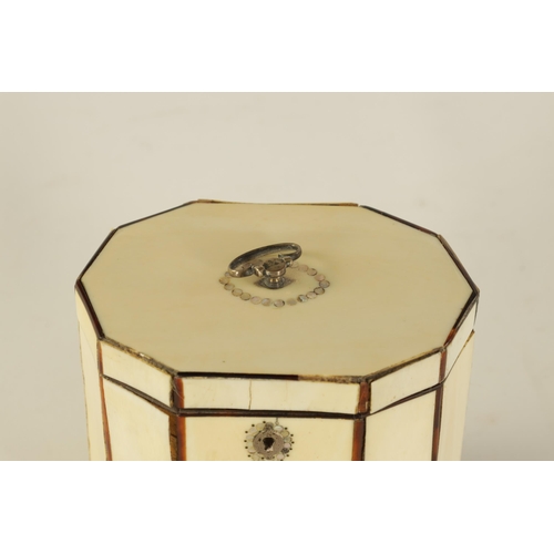 469 - A SMALL GEORGIAN DECAGONAL IVORY, TORTOISESHELL AND MOTHER OF PEARL INLAID TEA CADDY with silver met... 