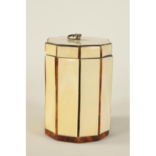 469 - A SMALL GEORGIAN DECAGONAL IVORY, TORTOISESHELL AND MOTHER OF PEARL INLAID TEA CADDY with silver met... 