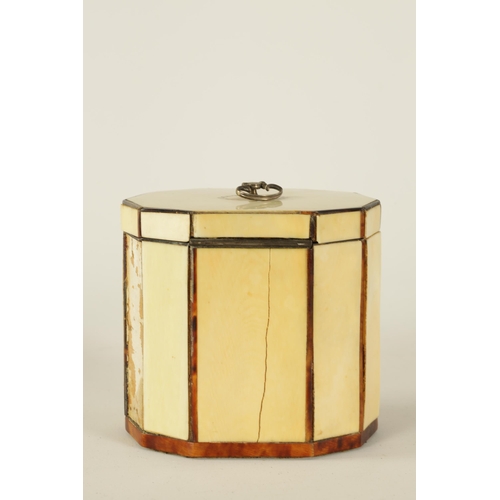 469 - A SMALL GEORGIAN DECAGONAL IVORY, TORTOISESHELL AND MOTHER OF PEARL INLAID TEA CADDY with silver met... 