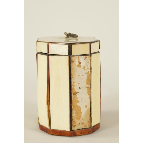 469 - A SMALL GEORGIAN DECAGONAL IVORY, TORTOISESHELL AND MOTHER OF PEARL INLAID TEA CADDY with silver met... 