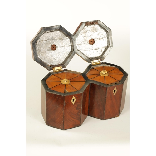 470 - AN UNUSUAL LATE GEORGIAN JOINED DOUBLE OCTAGONAL CANNISTER MAHOGANY AND EBONY LINED TEA CADDY the hi... 