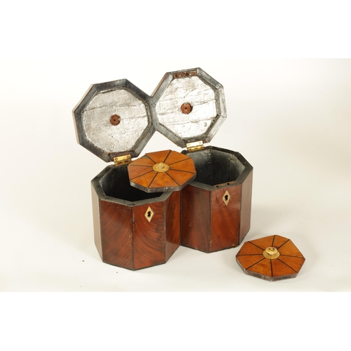 470 - AN UNUSUAL LATE GEORGIAN JOINED DOUBLE OCTAGONAL CANNISTER MAHOGANY AND EBONY LINED TEA CADDY the hi... 