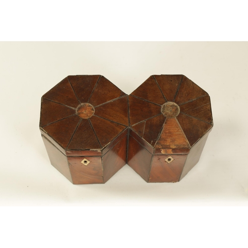 470 - AN UNUSUAL LATE GEORGIAN JOINED DOUBLE OCTAGONAL CANNISTER MAHOGANY AND EBONY LINED TEA CADDY the hi... 