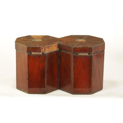 470 - AN UNUSUAL LATE GEORGIAN JOINED DOUBLE OCTAGONAL CANNISTER MAHOGANY AND EBONY LINED TEA CADDY the hi... 