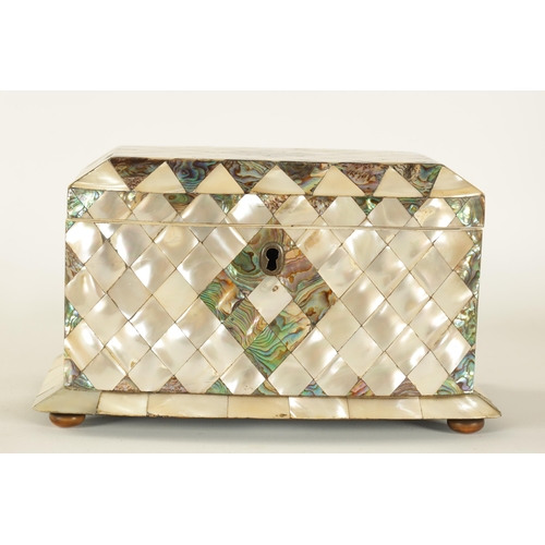 471 - A 19TH CENTURY BOW-FRONTED PARQUETRY INLAID MOTHER-OF-PEARL TEA CADDY with hinged lid revealing a pa... 