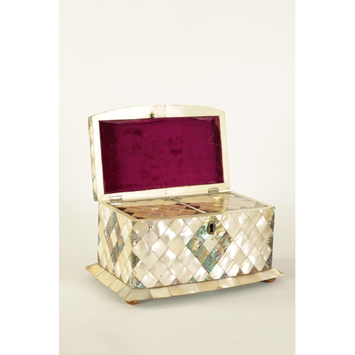 471 - A 19TH CENTURY BOW-FRONTED PARQUETRY INLAID MOTHER-OF-PEARL TEA CADDY with hinged lid revealing a pa... 