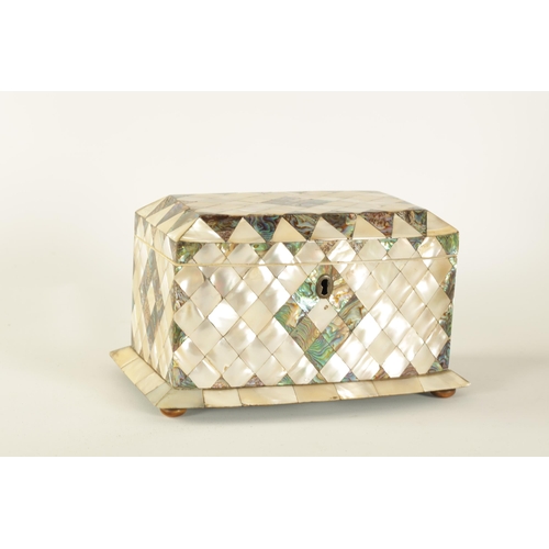 471 - A 19TH CENTURY BOW-FRONTED PARQUETRY INLAID MOTHER-OF-PEARL TEA CADDY with hinged lid revealing a pa... 