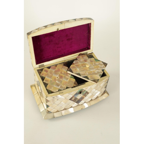 471 - A 19TH CENTURY BOW-FRONTED PARQUETRY INLAID MOTHER-OF-PEARL TEA CADDY with hinged lid revealing a pa... 