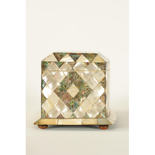 471 - A 19TH CENTURY BOW-FRONTED PARQUETRY INLAID MOTHER-OF-PEARL TEA CADDY with hinged lid revealing a pa... 