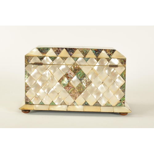 471 - A 19TH CENTURY BOW-FRONTED PARQUETRY INLAID MOTHER-OF-PEARL TEA CADDY with hinged lid revealing a pa... 