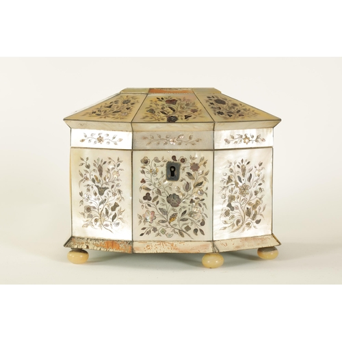 472 - A 19TH CENTURY INLAID MOTHER OF PEARL TEA CADDY of canted angled form decorated with fine contrastin... 