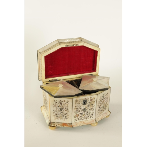 472 - A 19TH CENTURY INLAID MOTHER OF PEARL TEA CADDY of canted angled form decorated with fine contrastin... 