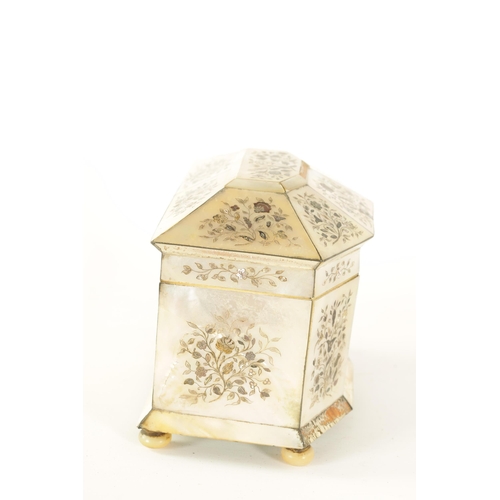 472 - A 19TH CENTURY INLAID MOTHER OF PEARL TEA CADDY of canted angled form decorated with fine contrastin... 