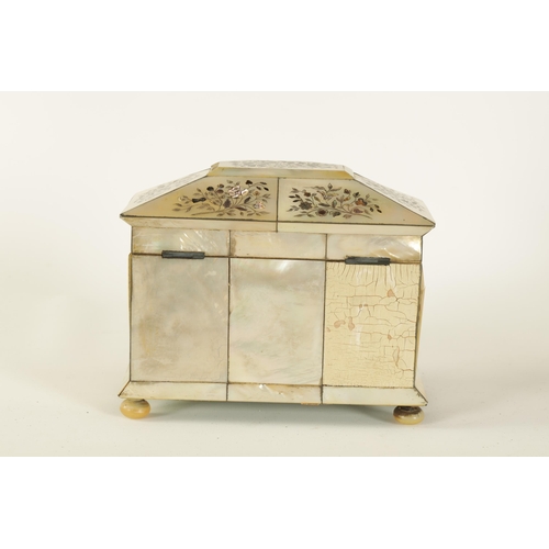 472 - A 19TH CENTURY INLAID MOTHER OF PEARL TEA CADDY of canted angled form decorated with fine contrastin... 