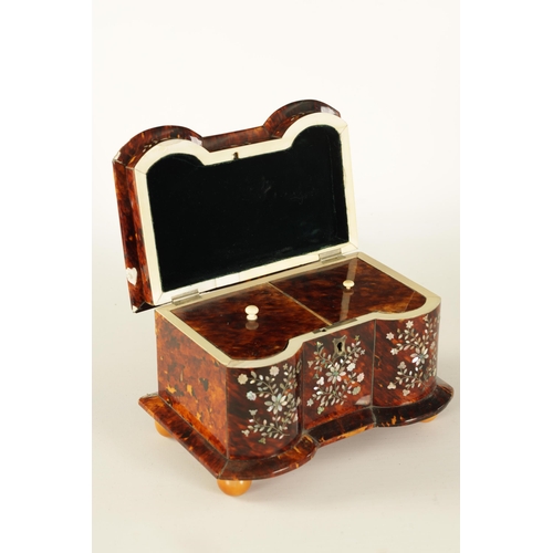 473 - A 19TH CENTURY INVERTED DOUBLE BOW-SIDED TORTOISESHELL AND MOTHER-OF-PEARL INLAID TEA CADDY the pago... 