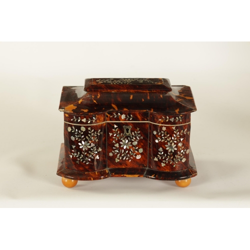 473 - A 19TH CENTURY INVERTED DOUBLE BOW-SIDED TORTOISESHELL AND MOTHER-OF-PEARL INLAID TEA CADDY the pago... 