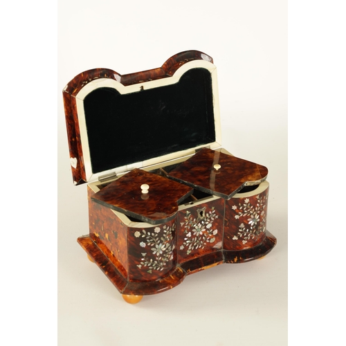 473 - A 19TH CENTURY INVERTED DOUBLE BOW-SIDED TORTOISESHELL AND MOTHER-OF-PEARL INLAID TEA CADDY the pago... 