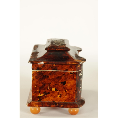 473 - A 19TH CENTURY INVERTED DOUBLE BOW-SIDED TORTOISESHELL AND MOTHER-OF-PEARL INLAID TEA CADDY the pago... 