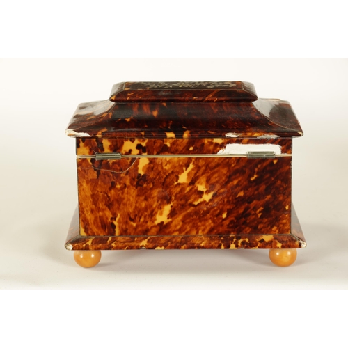 473 - A 19TH CENTURY INVERTED DOUBLE BOW-SIDED TORTOISESHELL AND MOTHER-OF-PEARL INLAID TEA CADDY the pago... 