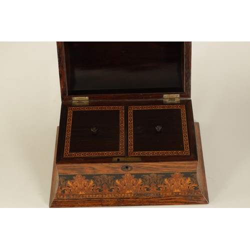 474 - A 19TH CENTURY TUNBRIDGE WARE DOME-TOP TEA CADDY WITH FLARED BODY the inlaid decoration depiciting a... 