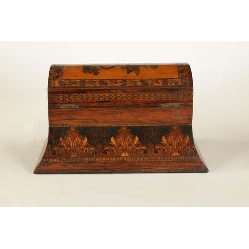 474 - A 19TH CENTURY TUNBRIDGE WARE DOME-TOP TEA CADDY WITH FLARED BODY the inlaid decoration depiciting a... 