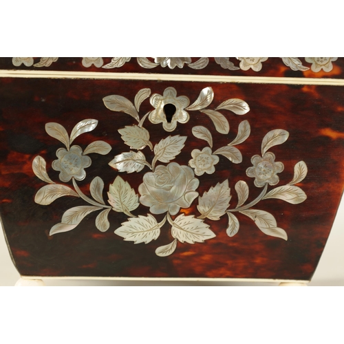 476 - A REGENCY TORTOISESHELL AND MOTHER-OF-PEARL INLAID PAGODA TOP TEA CADDY the hinged top revealing a d... 