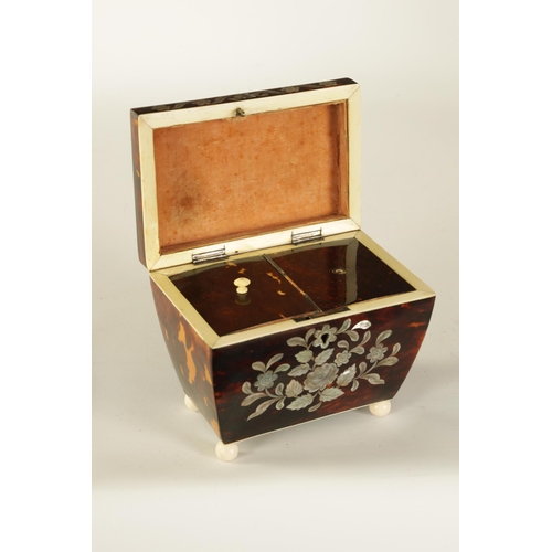 476 - A REGENCY TORTOISESHELL AND MOTHER-OF-PEARL INLAID PAGODA TOP TEA CADDY the hinged top revealing a d... 