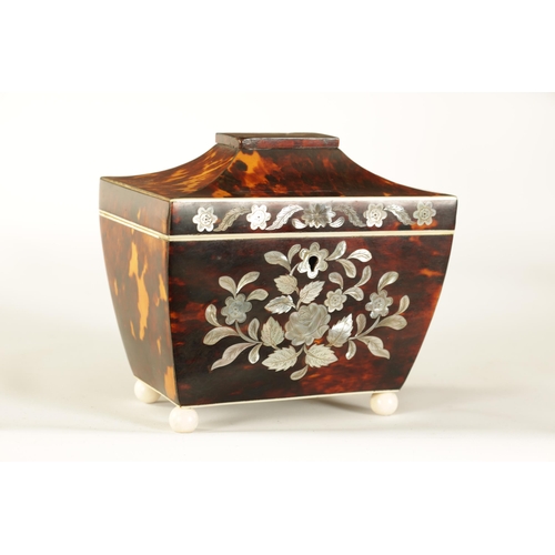 476 - A REGENCY TORTOISESHELL AND MOTHER-OF-PEARL INLAID PAGODA TOP TEA CADDY the hinged top revealing a d... 