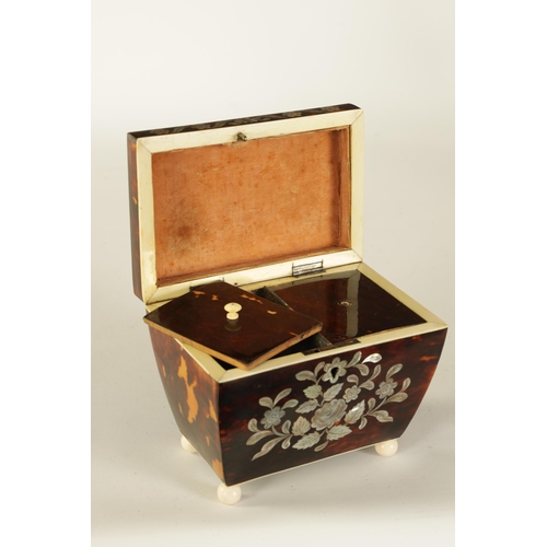 476 - A REGENCY TORTOISESHELL AND MOTHER-OF-PEARL INLAID PAGODA TOP TEA CADDY the hinged top revealing a d... 