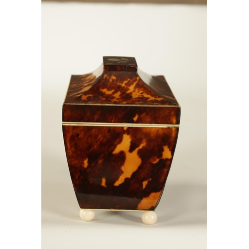 476 - A REGENCY TORTOISESHELL AND MOTHER-OF-PEARL INLAID PAGODA TOP TEA CADDY the hinged top revealing a d... 