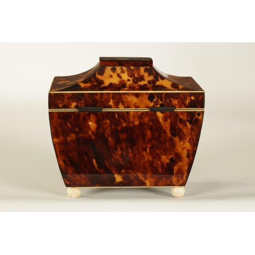 476 - A REGENCY TORTOISESHELL AND MOTHER-OF-PEARL INLAID PAGODA TOP TEA CADDY the hinged top revealing a d... 