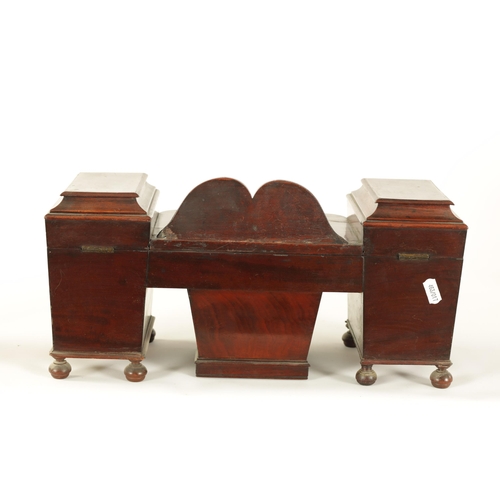 478 - AN EARLY 19TH CENTURY MAHOGANY TEA CADDY FORMED AS A PEDESTAL SIDEBOARD the tapering side pedestals ... 