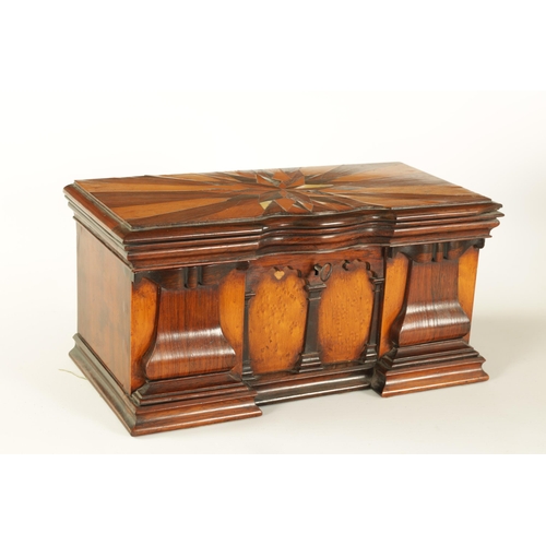 479 - AN EARLY 19TH CENTURY SPECIMEN TIMBER TEA CADDY FORMED AS SIDEBOARD with inlaid segmented top and sh... 