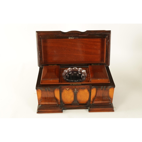 479 - AN EARLY 19TH CENTURY SPECIMEN TIMBER TEA CADDY FORMED AS SIDEBOARD with inlaid segmented top and sh... 