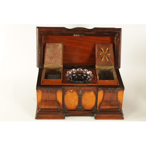 479 - AN EARLY 19TH CENTURY SPECIMEN TIMBER TEA CADDY FORMED AS SIDEBOARD with inlaid segmented top and sh... 