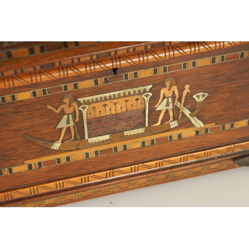 480 - AN EARLY 20TH CENTURY EGYPTIAN STYLE SARCOPHAGUS SHAPED COPPER, BRASS AND PEWTER INLAID WALNUT TEA C... 