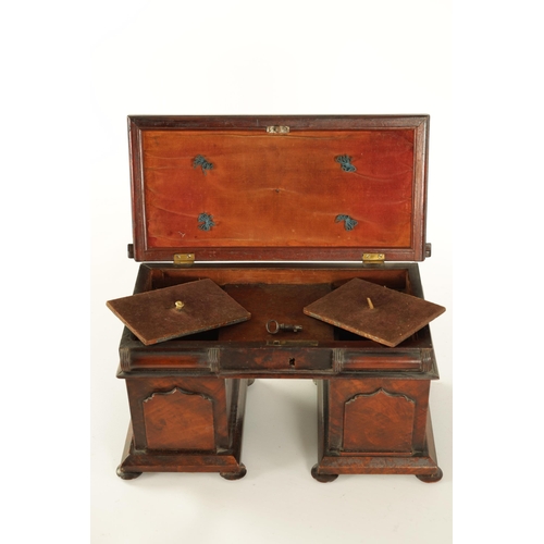 481 - A 19TH CENTURY MAHOGANY TEA CADDY FORMED AS A TWIN PEDESTAL SIDEBOARD with shaped panelled pedestals... 