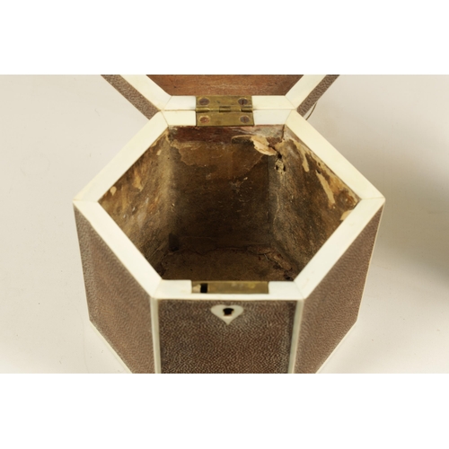 482 - A GEORGE III SHAGREEN AND IVORY BANDED HEXAGONAL TEA CADDY the hinged lid with silver metal handle a... 