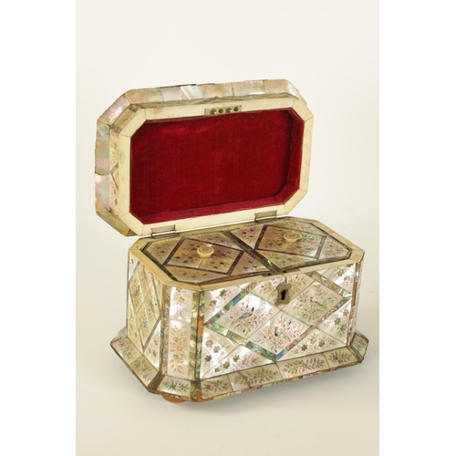 483 - A GOOD 19TH CENTURY MOTHER-OF PEARL INLAID TEA CADDY with contrasting panelled floral and bird inlay... 