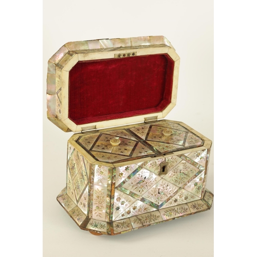 483 - A GOOD 19TH CENTURY MOTHER-OF PEARL INLAID TEA CADDY with contrasting panelled floral and bird inlay... 