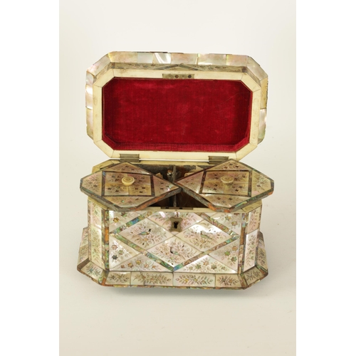 483 - A GOOD 19TH CENTURY MOTHER-OF PEARL INLAID TEA CADDY with contrasting panelled floral and bird inlay... 