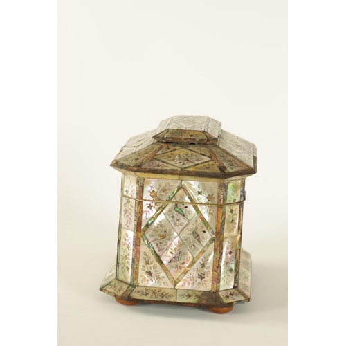 483 - A GOOD 19TH CENTURY MOTHER-OF PEARL INLAID TEA CADDY with contrasting panelled floral and bird inlay... 