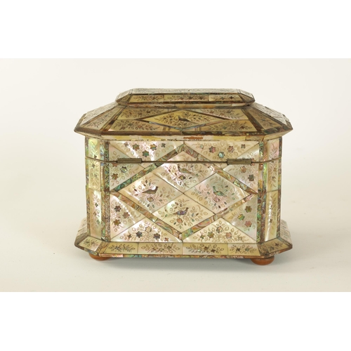 483 - A GOOD 19TH CENTURY MOTHER-OF PEARL INLAID TEA CADDY with contrasting panelled floral and bird inlay... 