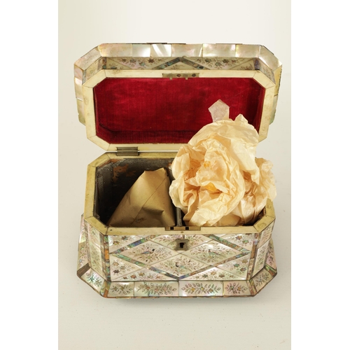 483 - A GOOD 19TH CENTURY MOTHER-OF PEARL INLAID TEA CADDY with contrasting panelled floral and bird inlay... 