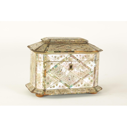 483 - A GOOD 19TH CENTURY MOTHER-OF PEARL INLAID TEA CADDY with contrasting panelled floral and bird inlay... 