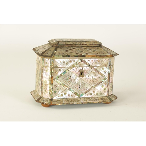 483 - A GOOD 19TH CENTURY MOTHER-OF PEARL INLAID TEA CADDY with contrasting panelled floral and bird inlay... 