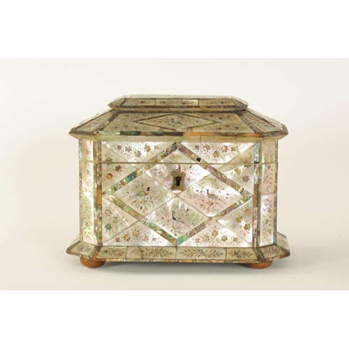 483 - A GOOD 19TH CENTURY MOTHER-OF PEARL INLAID TEA CADDY with contrasting panelled floral and bird inlay... 