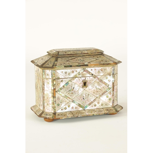 483 - A GOOD 19TH CENTURY MOTHER-OF PEARL INLAID TEA CADDY with contrasting panelled floral and bird inlay... 